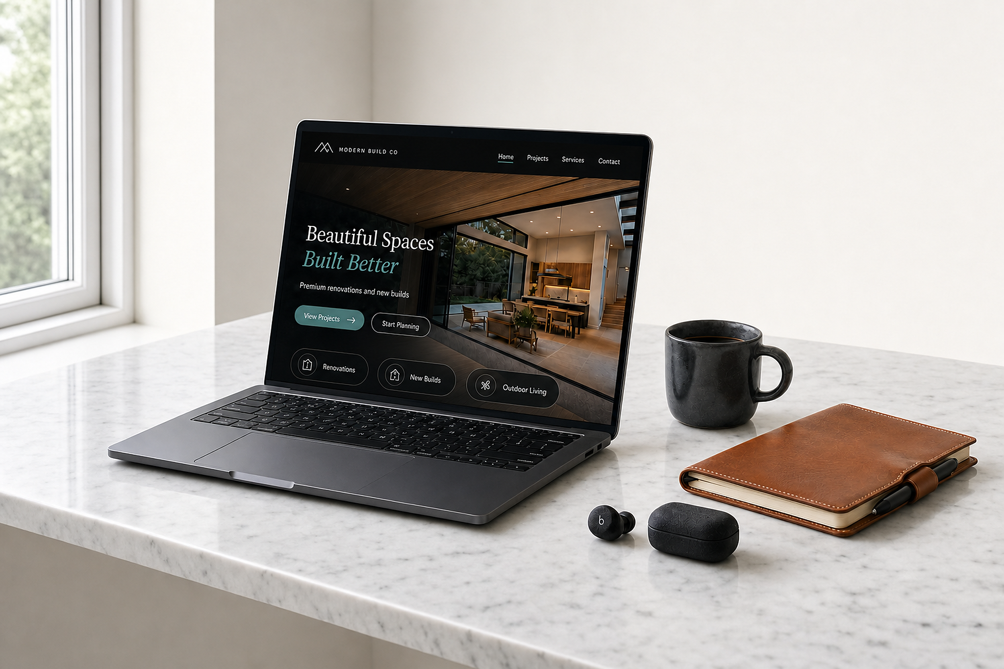 Open laptop showing a modern construction business website mockup