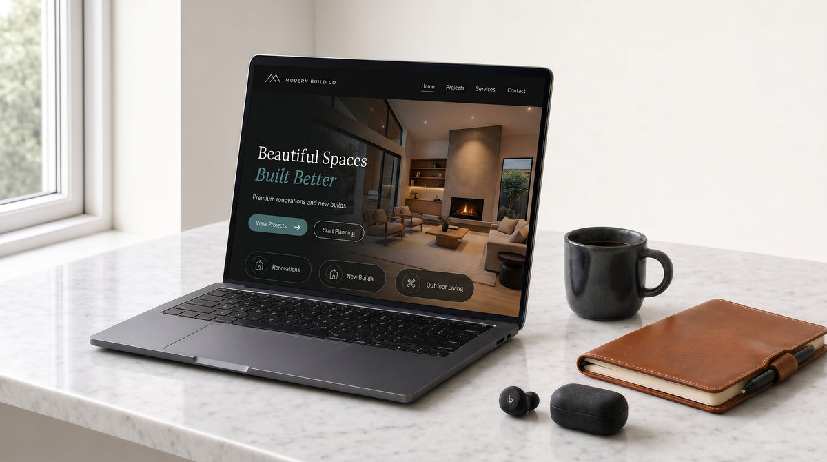 Open laptop showing a modern construction business website mockup